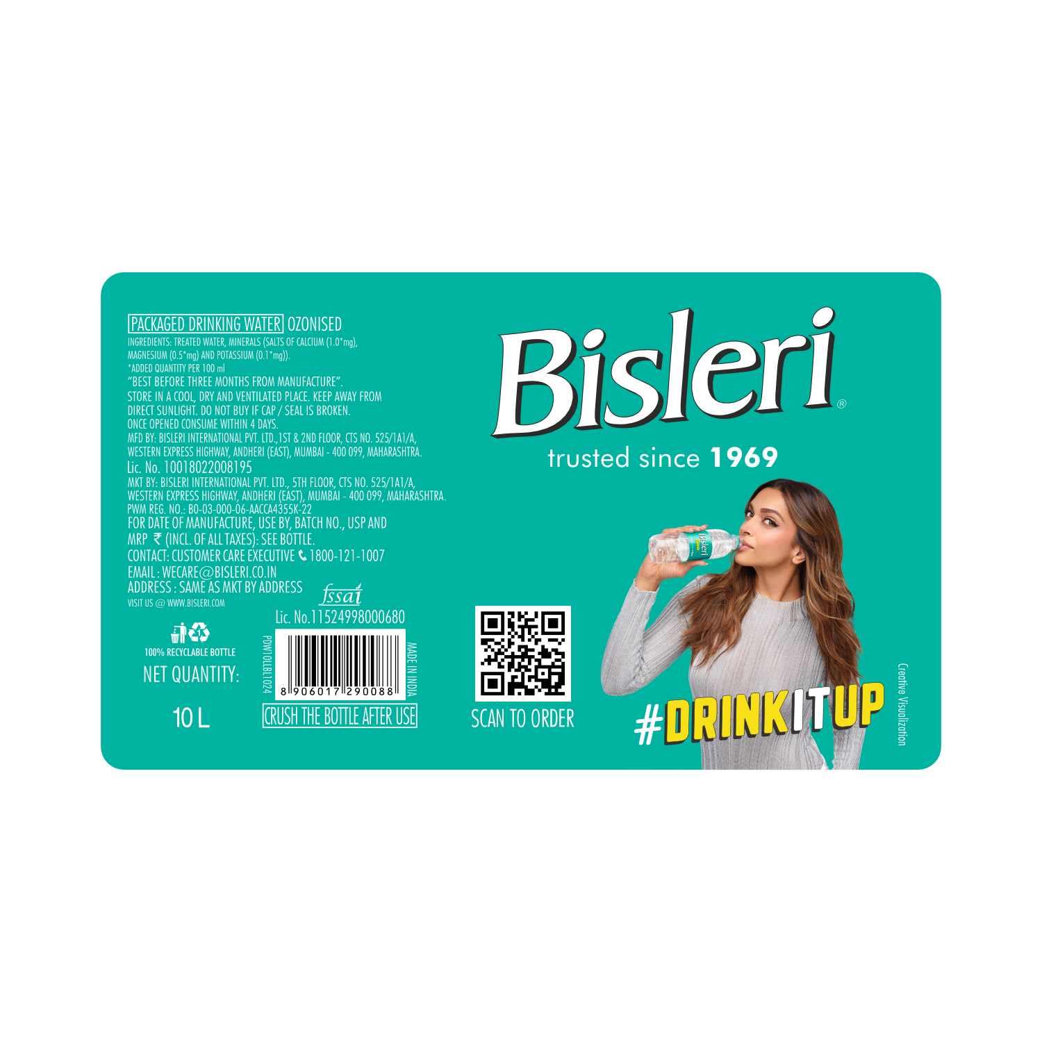 Bisleri 10 L Packaged Drinking Water back label